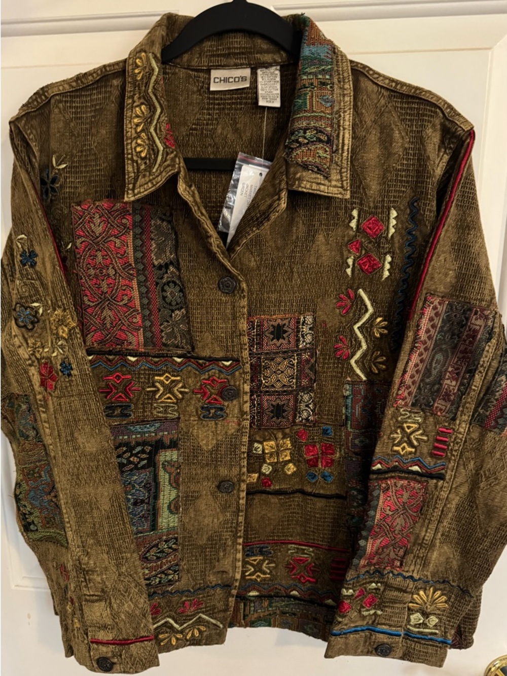 Chico's Embroidered Patchwork Brown Corduroy Jacket
